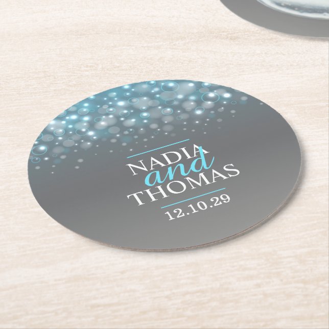 Wedding champagne grey blue paper coasters (Angled)