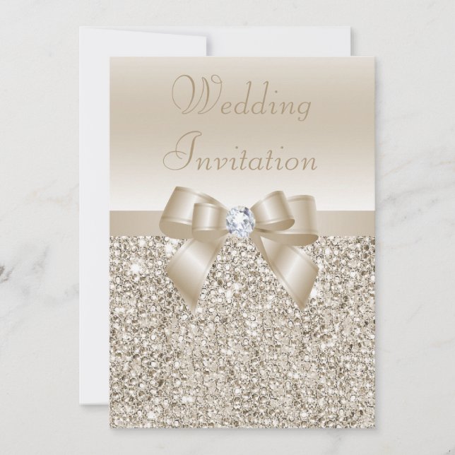 Wedding Champagne Sequins, Bow & Diamond Invitation (Front)