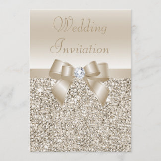 Wedding Champagne Sequins, Bow & Diamond Invitation