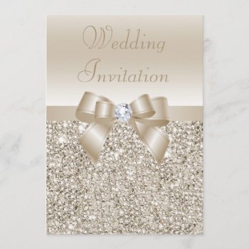 Wedding Champagne Sequins  Bow & Diamond Invitation by AJ_Graphics at Zazzle