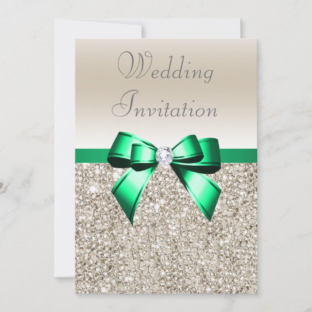 Wedding Champagne Sequins Shamrock Green Bow Invitation (Front)
