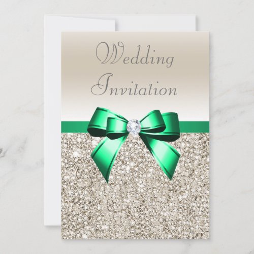 Wedding Champagne Sequins Shamrock Green Bow Invitation