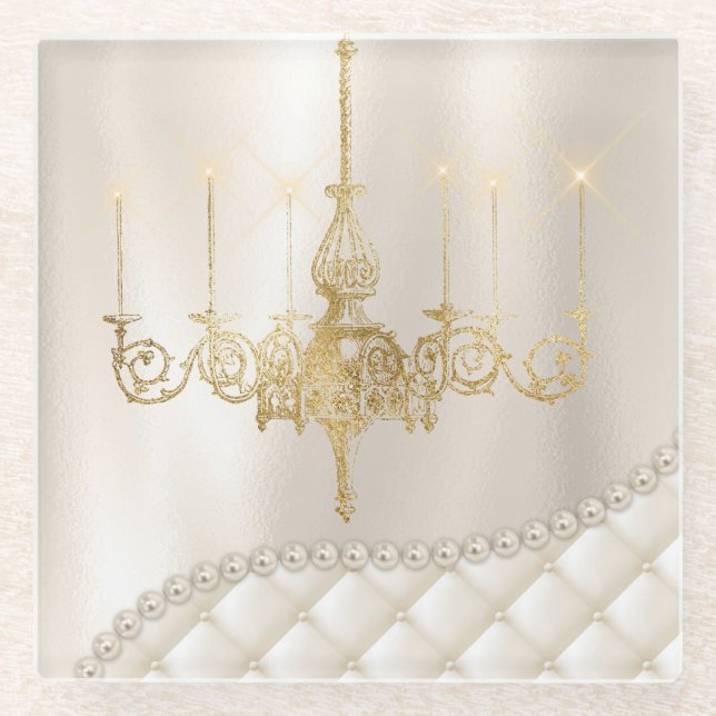 Wedding Chandelier Lighting Ivory Pearls Glass Glass Coaster (Front)