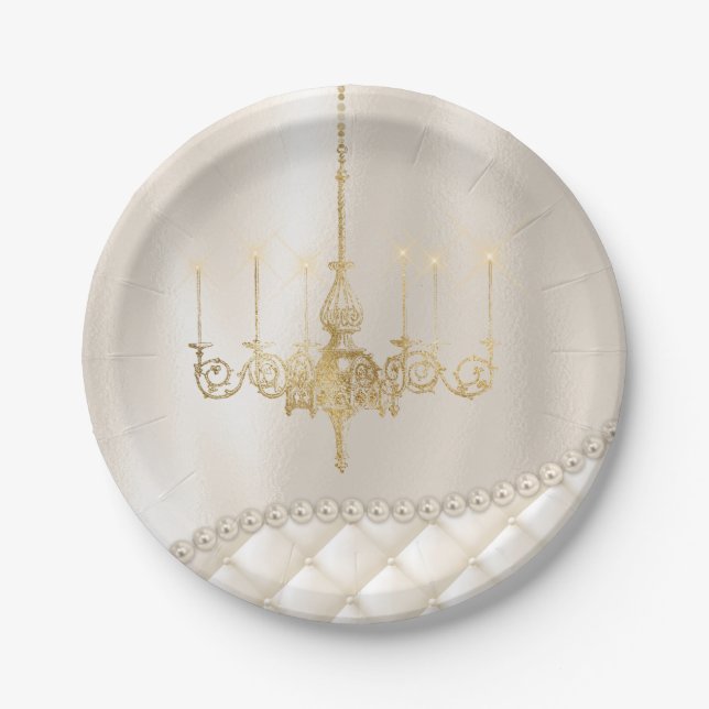 Wedding Chandelier Lighting Ivory Pearls Paper Paper Plates (Front)