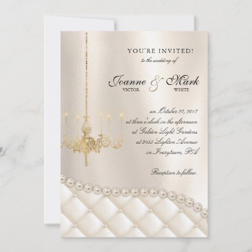 Wedding Chandelier Lighting Ivory Pearls Satin Invitation