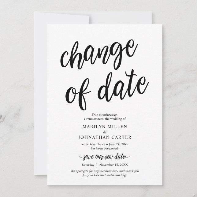 Wedding, Change of date, Black, Announcement (Front)