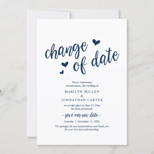 Wedding Change of date Navy blue Announcement