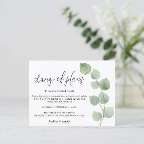 Wedding Change of Date Script Eucalyptus Announcement Postcard