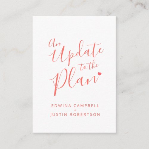 Wedding change of plan coral white cancellation enclosure card