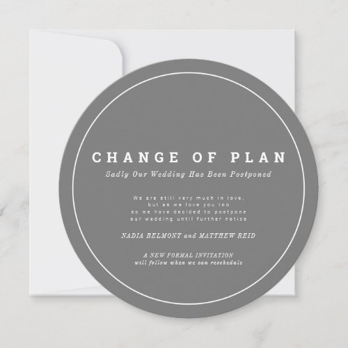 Wedding change of plan postponed circular gray save the date