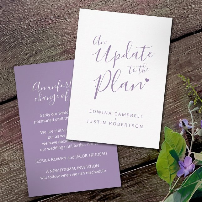 Wedding change of plan purple white cancellation enclosure card (Creator Uploaded)