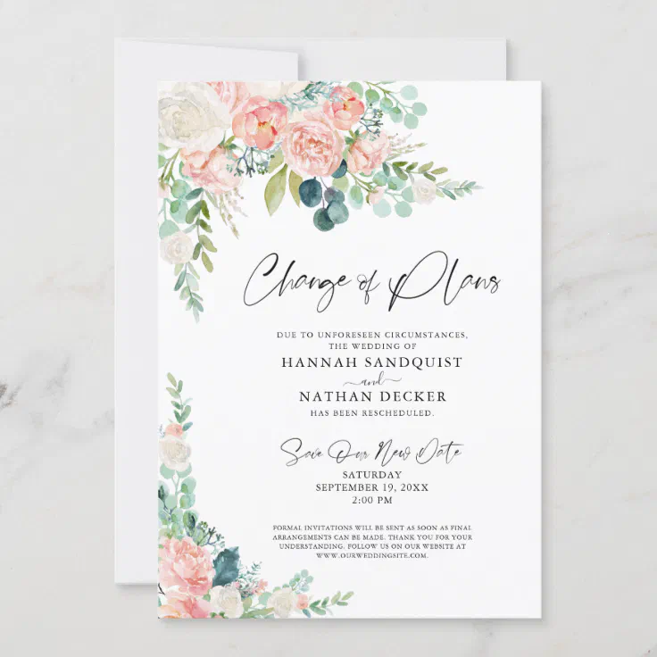 Wedding Change of Plans Blush Pink Floral Invitation | Zazzle