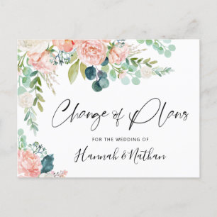 Wedding Change of Plans Blush Pink Floral New Date Announcement Postcard