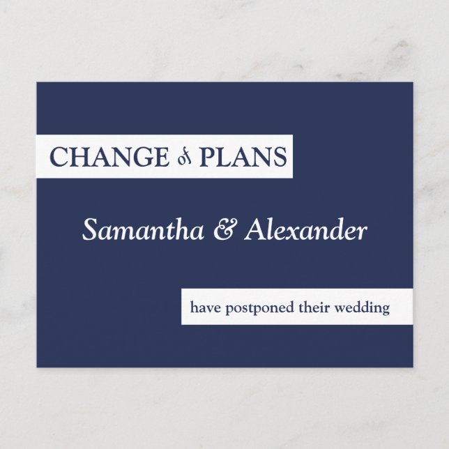 Wedding Change of Plans Modern Minimal Navy Blue Postcard (Front)