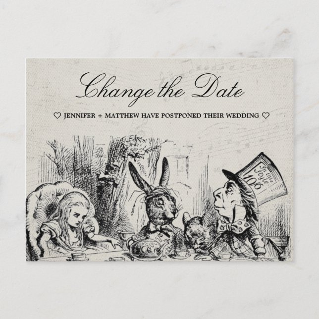 Wedding Change the Date Alice in Wonderland Postcard (Front)