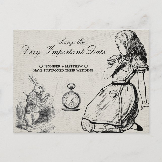 Wedding Change the Date Alice in Wonderland Postcard (Front)