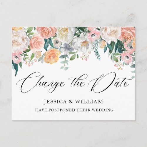 Wedding Change the Date Blue Blush Roses Postcard