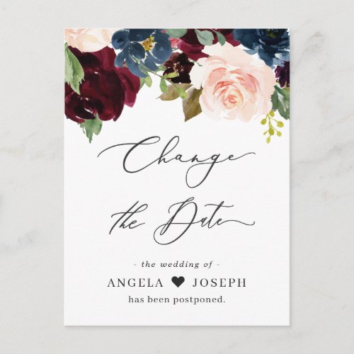 Wedding Change the Date Burgundy Blush Navy Floral Postcard - Event Postponed Announcement Template - Burgundy Blush Navy Floral Change the Date Postcard. 
(1) For further customization, please click the "customize further" link and use our design tool to modify this template.
(2) If you need help or matching items, please contact me.