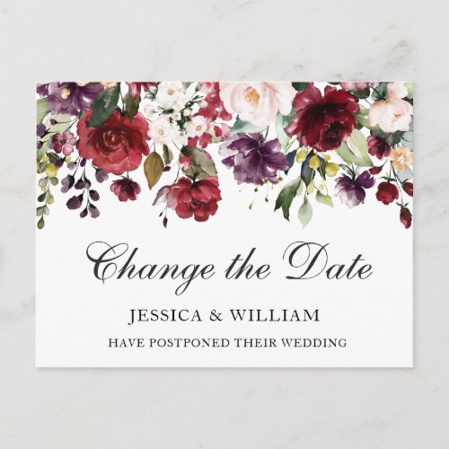 Wedding Change the Date Burgundy Blush Roses Postcard