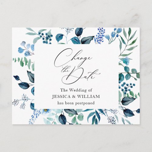 Wedding Change the Date Elegant Blue Foliage Postcard
