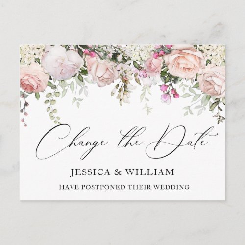 Wedding Change the Date Elegant Blush Roses Postcard