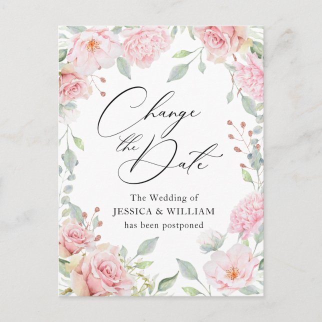 Wedding Change the Date Elegant Blush Roses Postcard (Front)