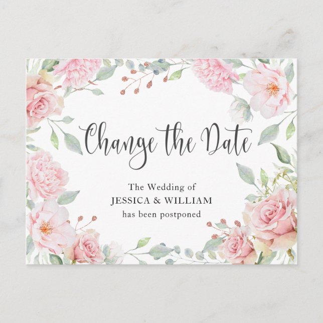 Wedding Change the Date Elegant Blush Roses Postcard (Front)