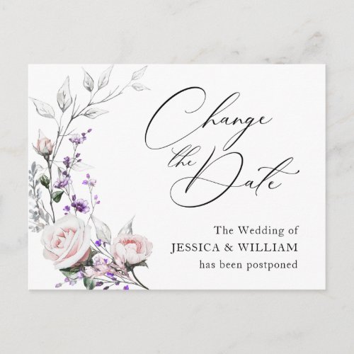 Wedding Change the Date Elegant Blush Roses Postcard