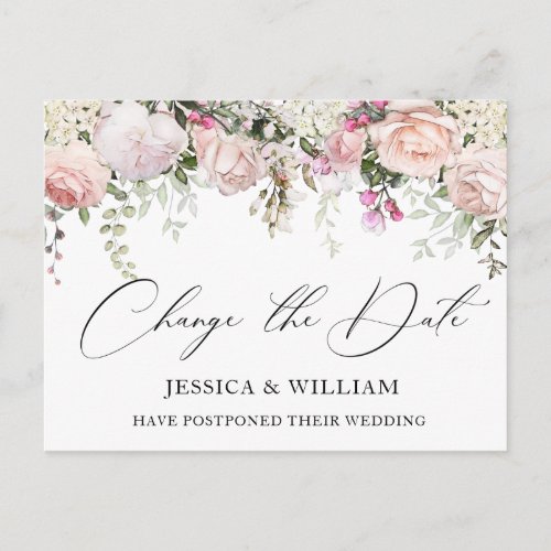 Wedding Change the Date Elegant Blush Roses Postcard