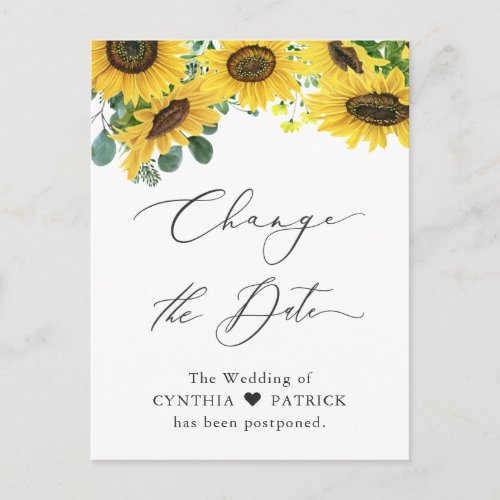 Wedding Change the Date Elegant Sunflower Script Postcard - Event Postponed Announcement Template - Elegant Sunflower Script Change the Date Postcard. 
(1) For further customization, please click the "customize further" link and use our design tool to modify this template.
(2) If you need help or matching items, please contact me.