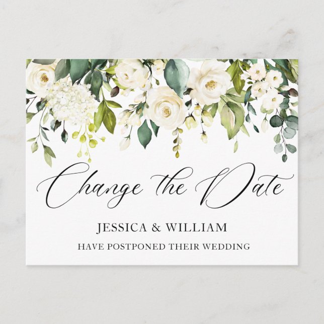 Wedding Change the Date Elegant White Roses Postcard (Front)