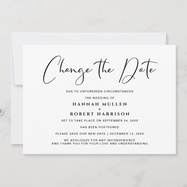 Wedding Change the Date Postponement Black White Announcement (Front)