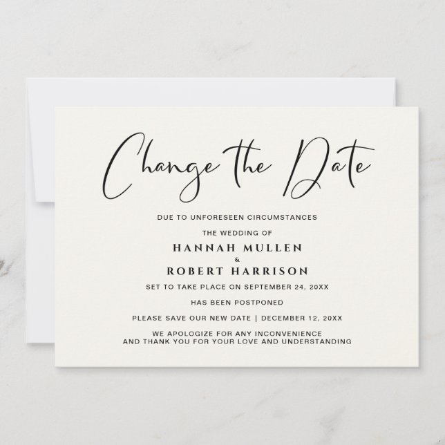 Wedding Change the Date Postponement Light Cream Announcement (Front)