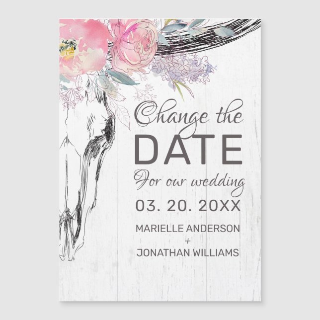 Wedding Change the Date Rustic Cow Skull Floral (Front)