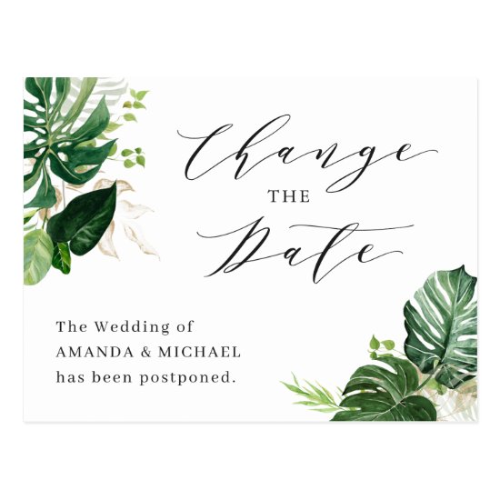 Wedding Change the Date Tropical Palm Leaves Postcard