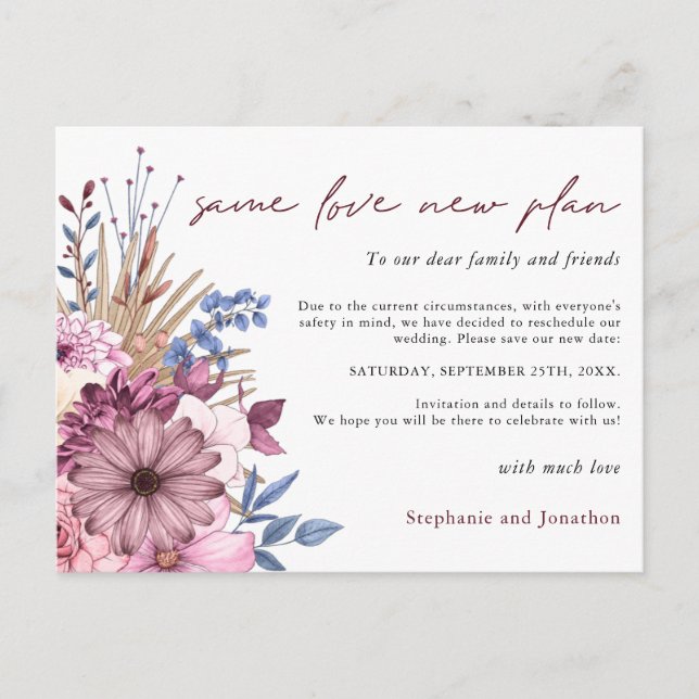 Wedding Changed Date Same Love New Plan Florals Announcement Postcard (Front)