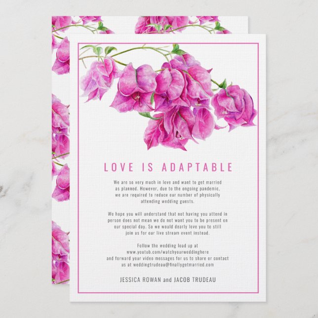 Wedding changed to live stream bougainvillea pink invitation (Front/Back)
