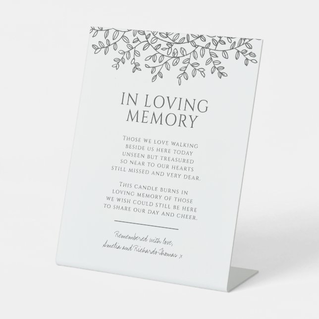 Wedding charcoal gray leaf monogram loving memory pedestal sign (Front)
