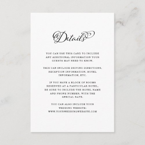 Wedding Charm Black and White Calligraphy Details Enclosure Card