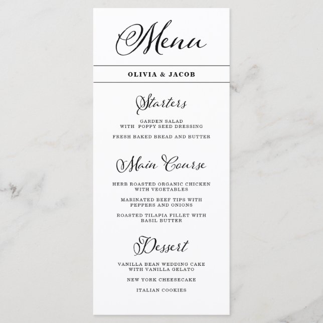 Wedding Charm | Black and White Calligraphy Menu (Front)