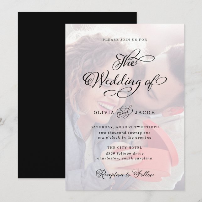 Wedding Charm | Black and White Calligraphy Photo Invitation (Front/Back)