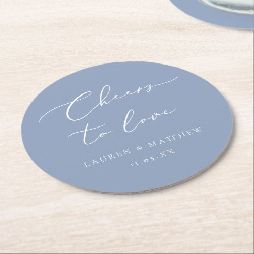 Wedding Cheers to Love Calligraphy Dusty Blue Round Paper Coaster