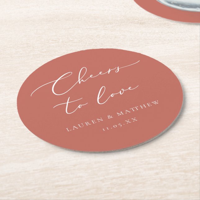 Wedding Cheers to Love Calligraphy Terracotta Round Paper Coaster (Angled)