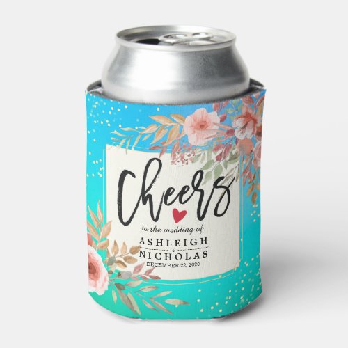 Wedding Cheers to Love Pink Floral Teal Gold Dots Can Cooler