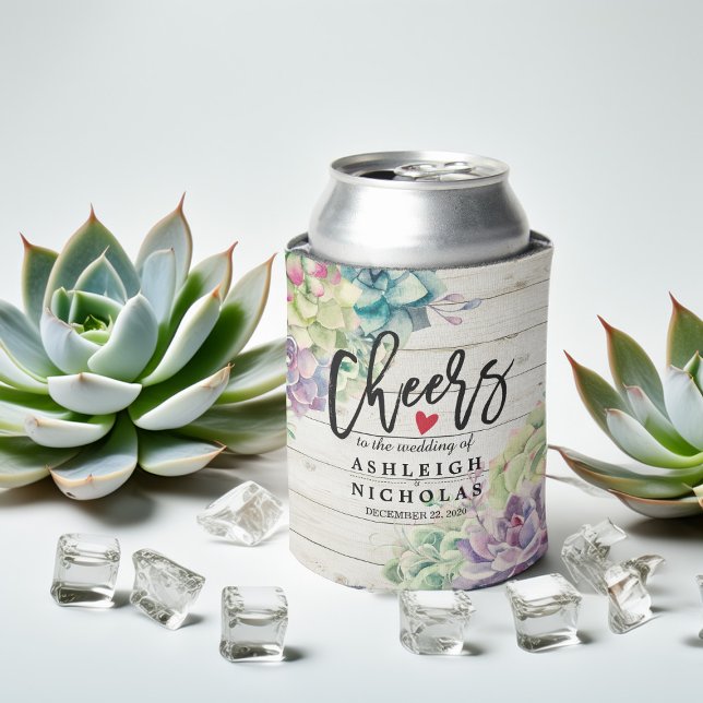 Wedding Cheers to Love Succulent Plant Rustic Wood Can Cooler (Creator Uploaded)