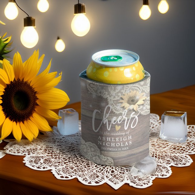 Wedding Cheers to Love Wood Lace Sunflowers Lights Can Cooler (Creator Uploaded)
