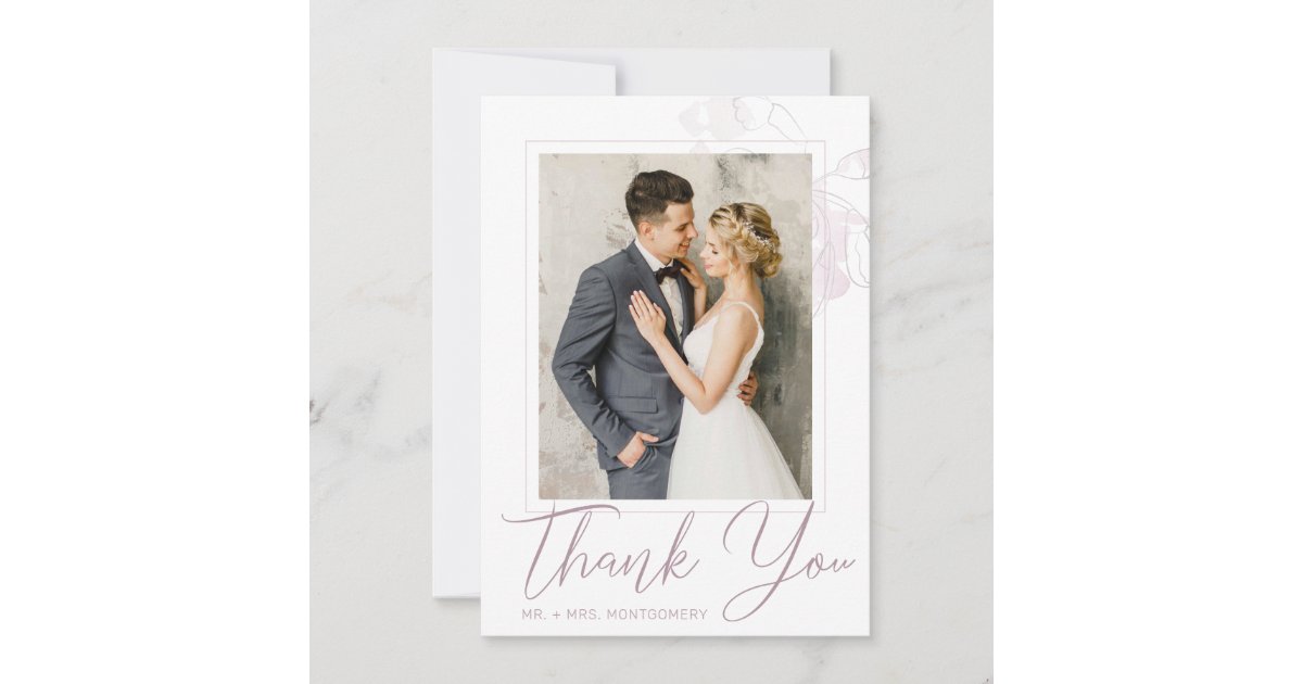 Wedding Chic Mauve Watercolor Floral Photo Thank You Card | Zazzle
