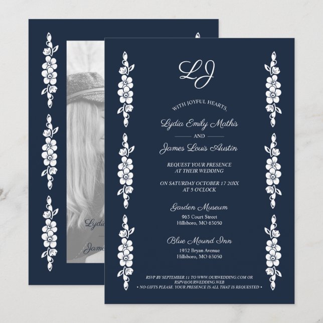 Wedding Chic Photo Navy & White Trendy Flowers Invitation (Front/Back)