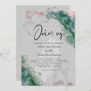 WEDDING Chic Pine and Blush Abstract Alcohol Ink Invitation