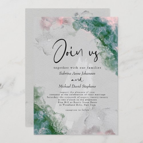 WEDDING  Chic Pine and Blush Abstract Alcohol Ink Invitation